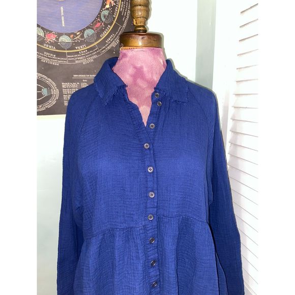 NWT Zenana Navy Blue Raw Edge Button-Up Babydoll Tunic - Large - Picture 2 of 7